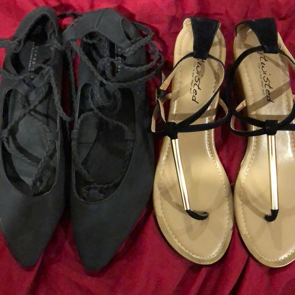 2 pairs, flats (Aeropostale) and Wedges (Twisted).